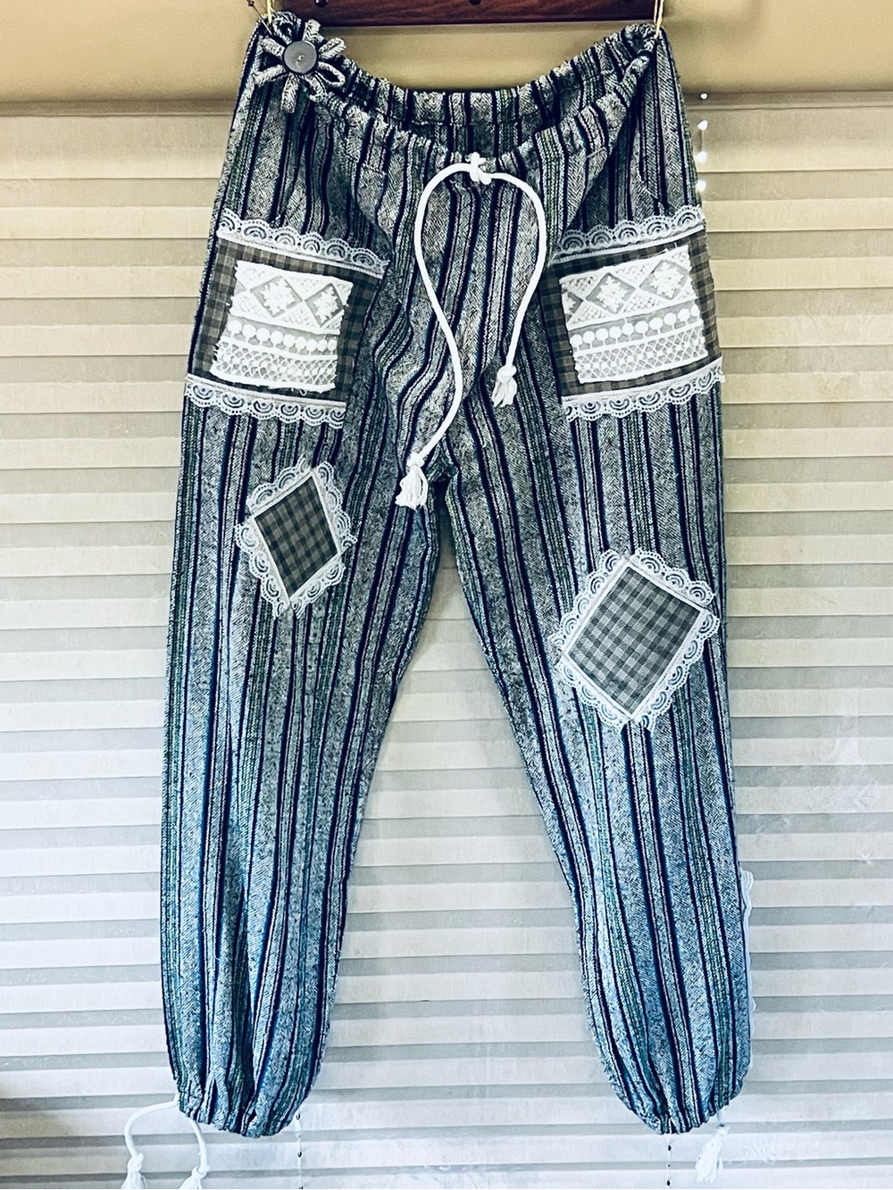 Striped Gray Patchwork Jogger Pants with Drawstring